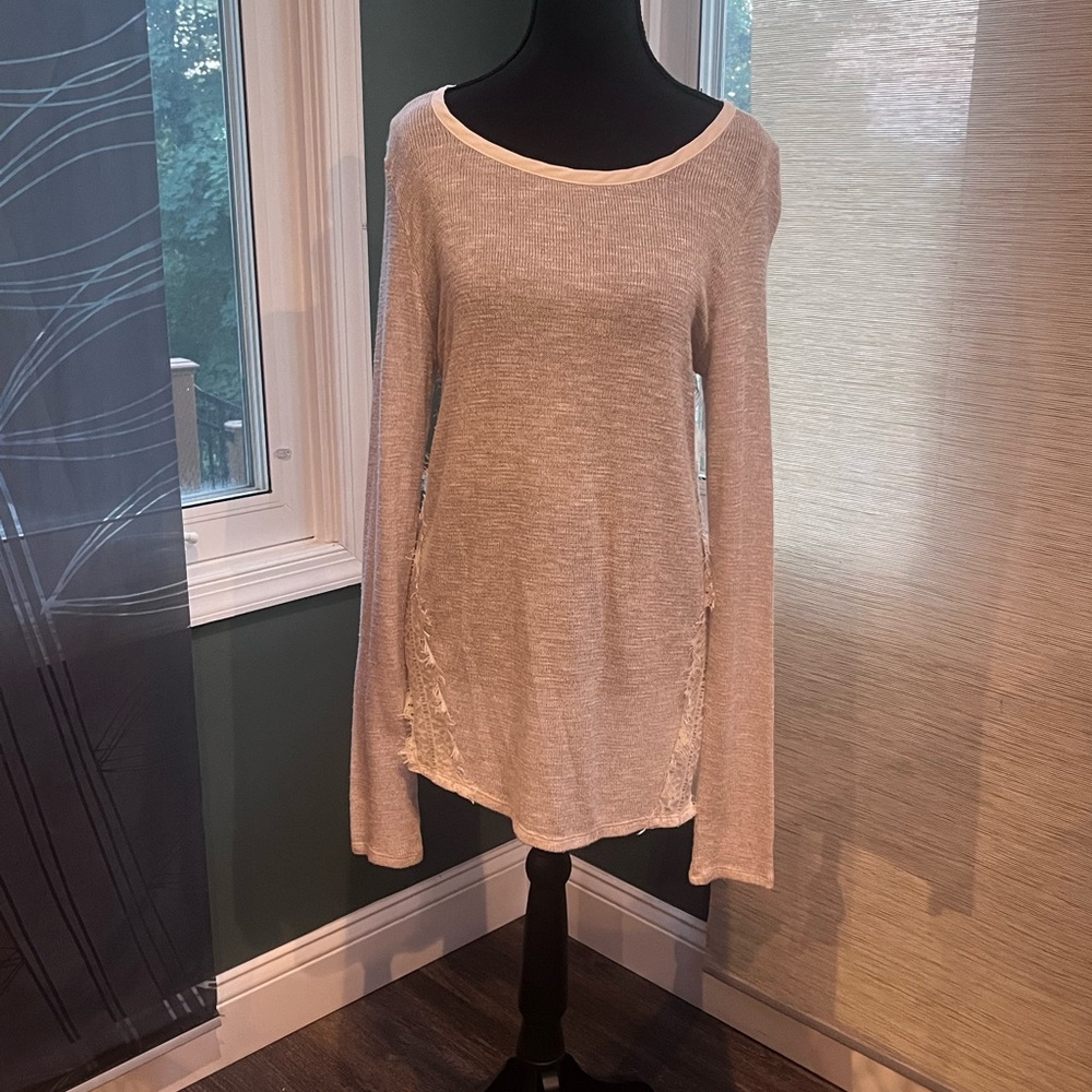 Cream Long Sleeve Knit Top with Lace Detail
